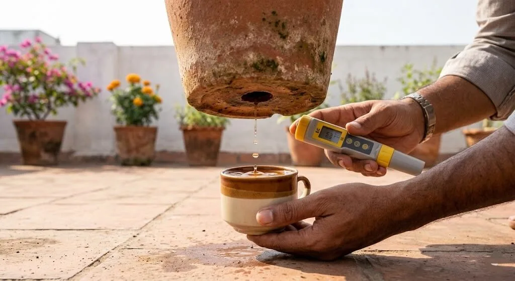 Leachate EC collection — small cup under container drainage hole catching water 90 minutes after watering