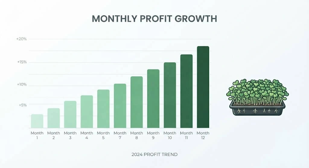 Simple growth chart showing microgreens business revenue progress over 12