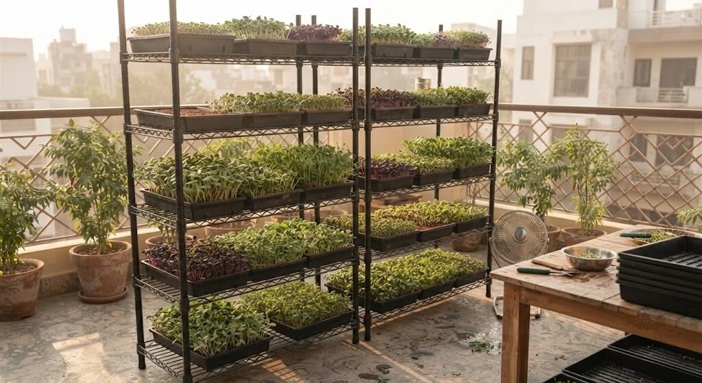 Scaled-up microgreens growing racks representing business growth in india