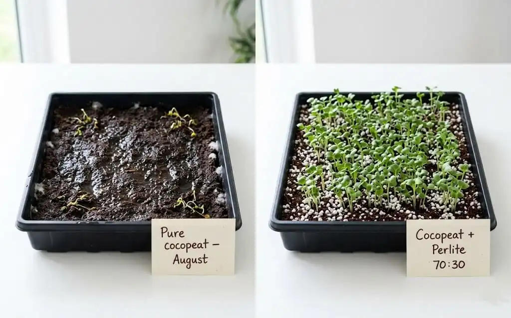 Microgreens growing medium India — cocopeat perlite jute mat comparison monsoon conditions