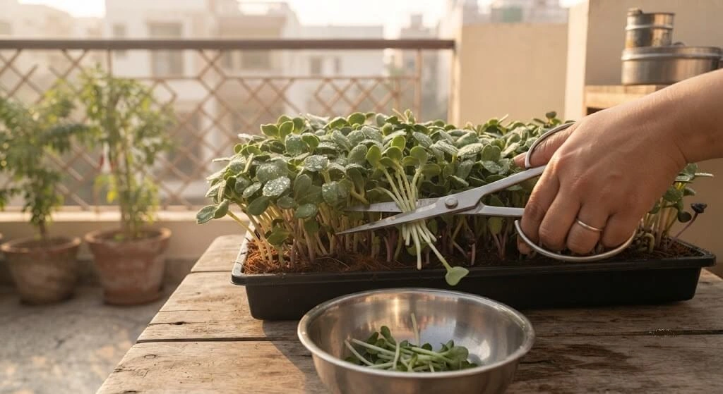 Morning harvest of microgreens with scissors for freshness in Indian