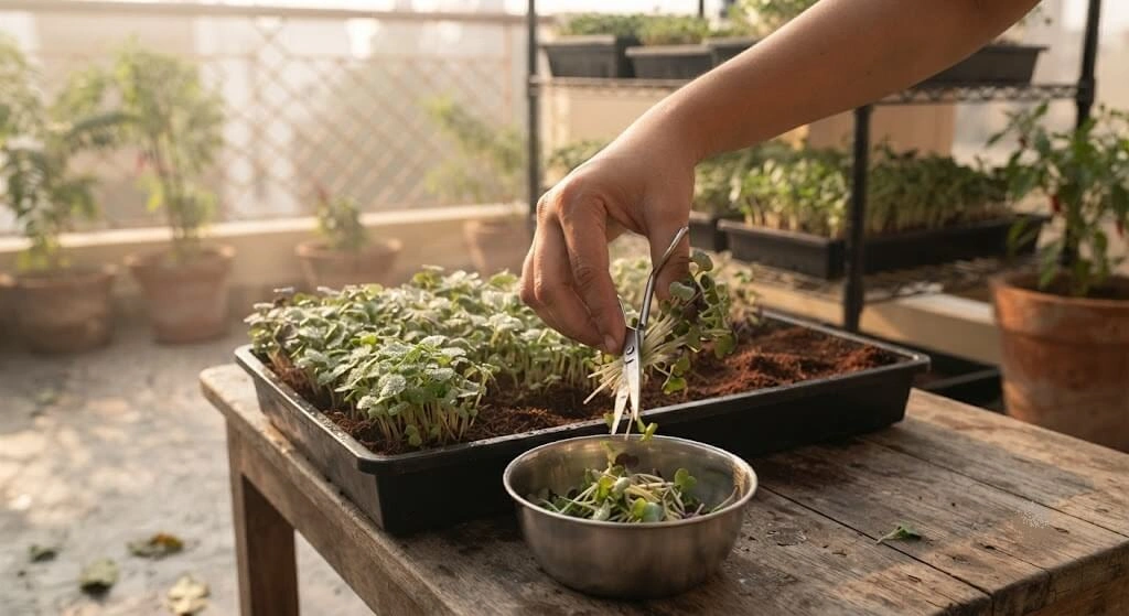 Morning harvest of microgreens with scissors on an Indian terrace