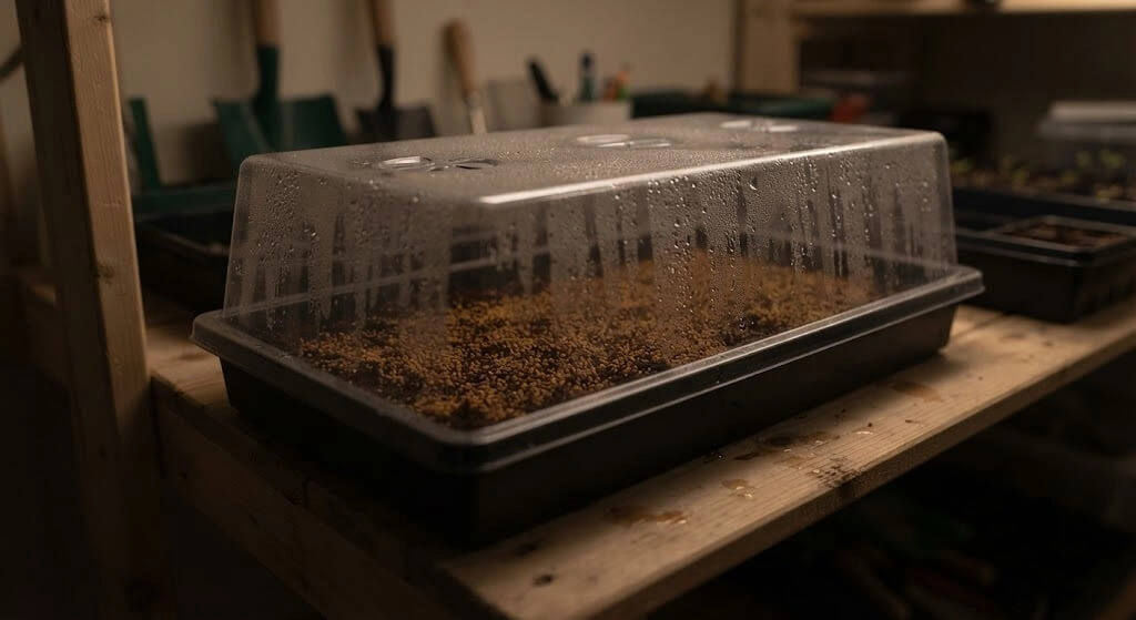 Microgreens tray covered with a humidity dome during the blackout germination phase