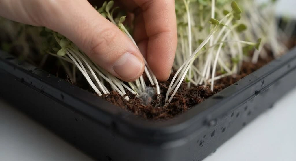 Inspecting microgreens tray for mould at the soil line during Indian monsoon