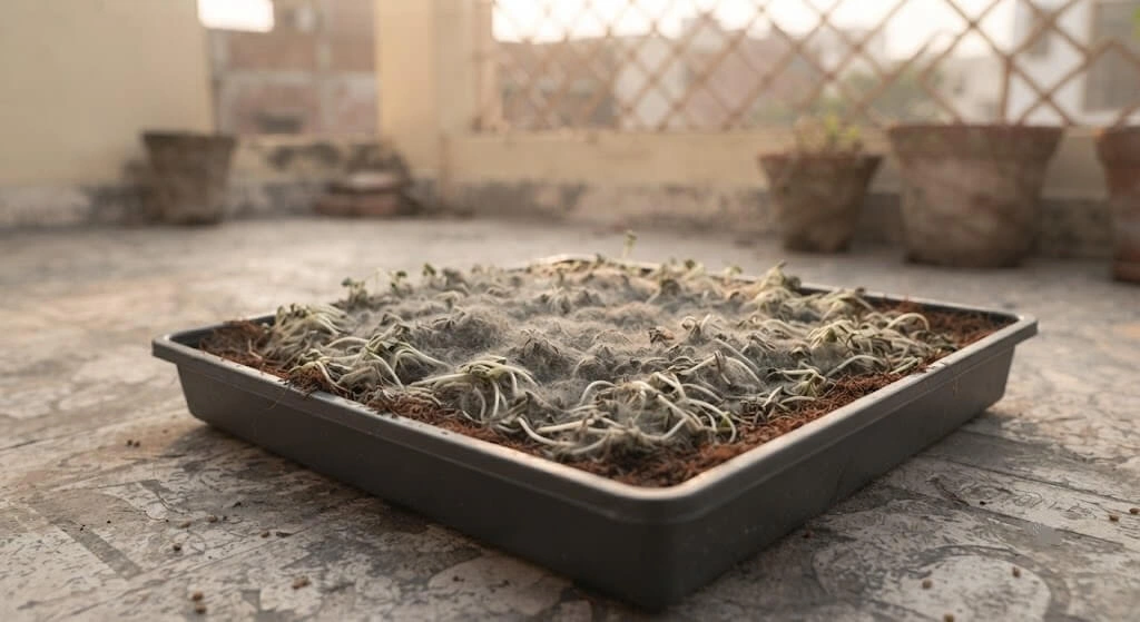 Grey mould damping-off disaster on a monsoon-season microgreens tray
