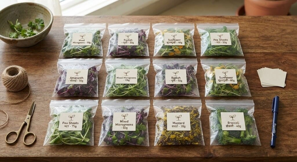 Packaged microgreens ready for sale in zip-lock bags with labels