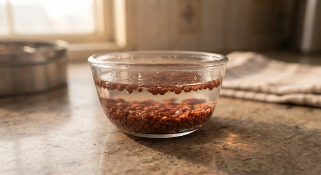 Radish seeds soaking in a glass bowl before sowing