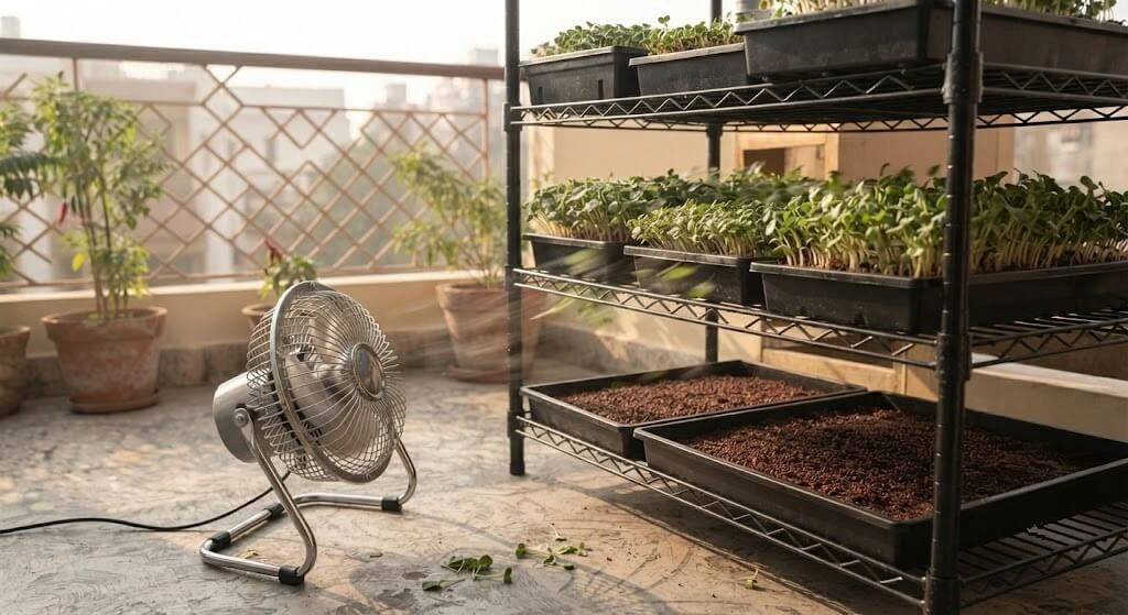 Table fan providing airflow to a rack of microgreens trays during monsoon