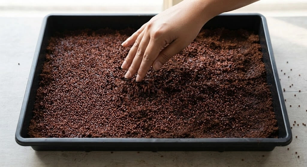 Cocopeat-filled tray with radish seeds being spread evenly