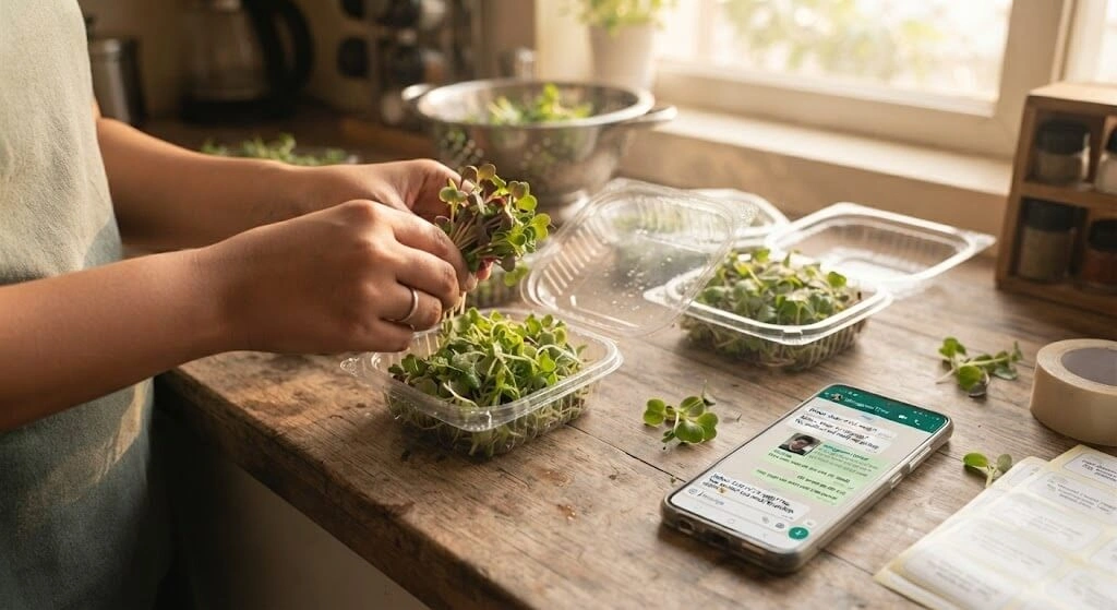 Packaging microgreens for WhatsApp customer delivery in clamshell boxes