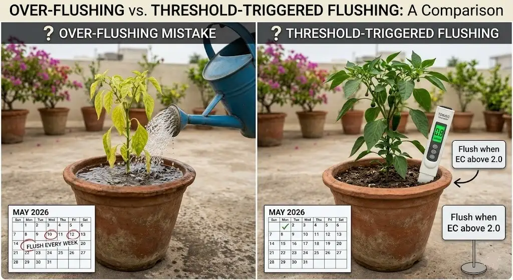 Mistake comparison — over-flushing with nutrient depletion vs correct threshold-triggered flushing