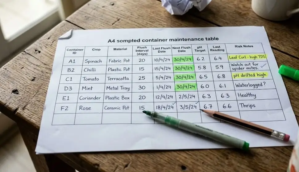 Handwritten personalised garden plan document — container table with flush intervals, pH targets, risk notes