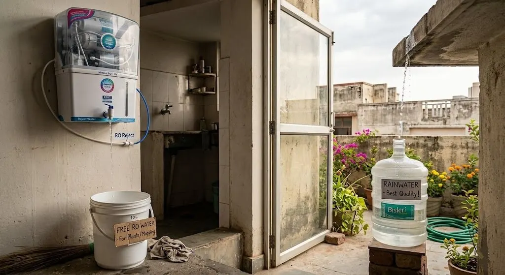 Indian home RO reject water collection — bucket under RO unit outlet and a filled 20L food-grade container for rainwater