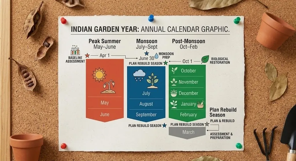 Year-round container garden calendar — April, June, October transition points highlighted
