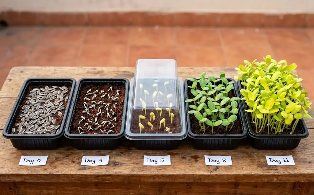 Sunflower microgreens 14-day growth timeline India — germination to harvest stages
