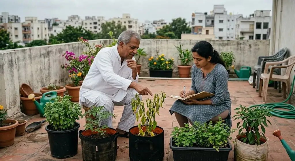 Priya and mentor Suresh on Madanapalle terrace June 2023 — moment of plan personalisation insight