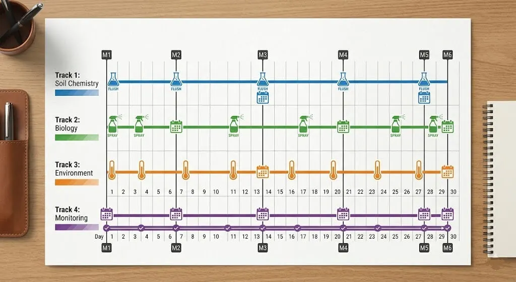 30-day personalised plan calendar showing 4-track schedule — soil, biology, environment, monitoring