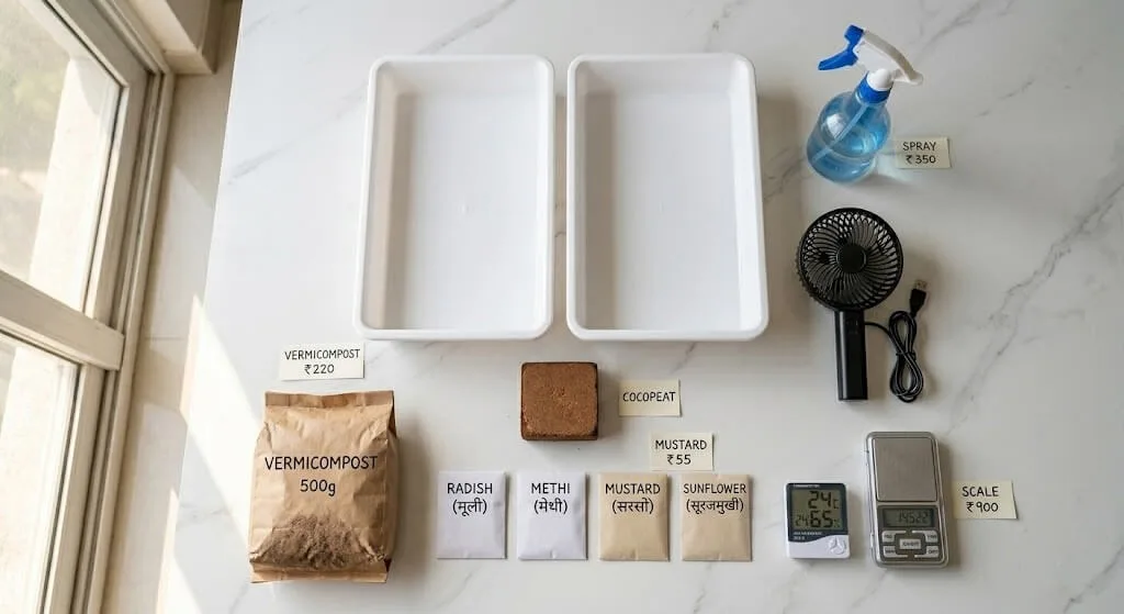 microgreens starter kit India flat lay — trays cocopeat vermicompost seeds fan hygrometer