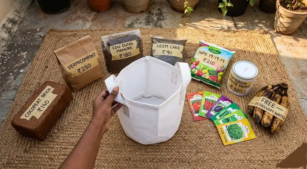 balcony vegetable garden products India — Ugaoo fabric grow bag cocopeat vermicompost neem cake seeds NPK 19-19-19 agricultural shop