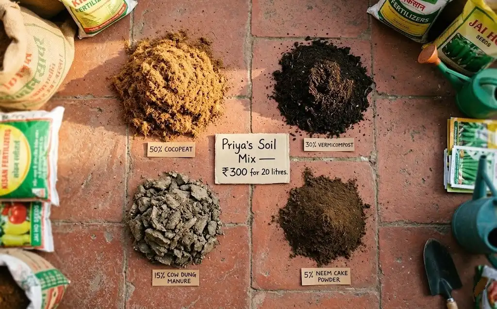 cocopeat vermicompost cow dung manure soil mix recipe for balcony vegetable garden India — 50 30 15 5 ratio