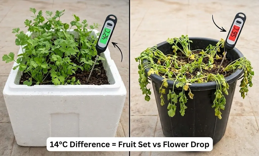 soil temperature comparison — styrofoam box 42°C vs dark unpainted plastic 56°C container gardening India summer