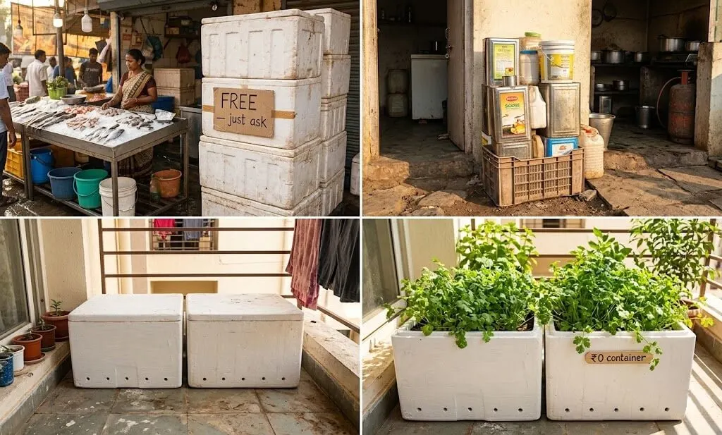 free containers for vegetable gardening India — styrofoam boxes from fish market and restaurant buckets from dhaba