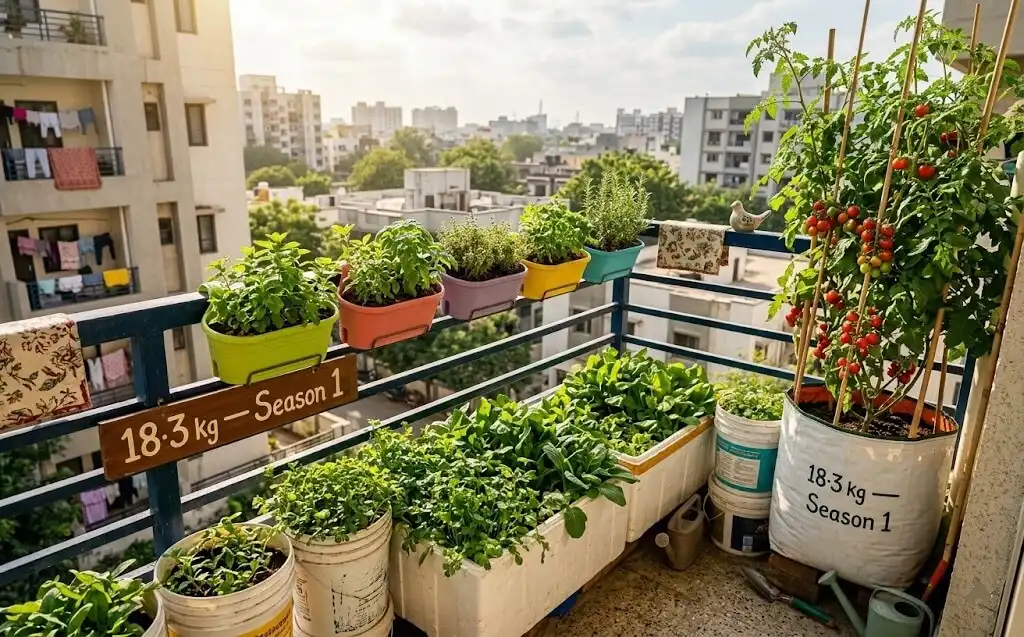 Sharmila Ahmedabad 810 rupees balcony garden 18 kg harvest — white buckets styrofoam boxes and railing planters east-facing balcony