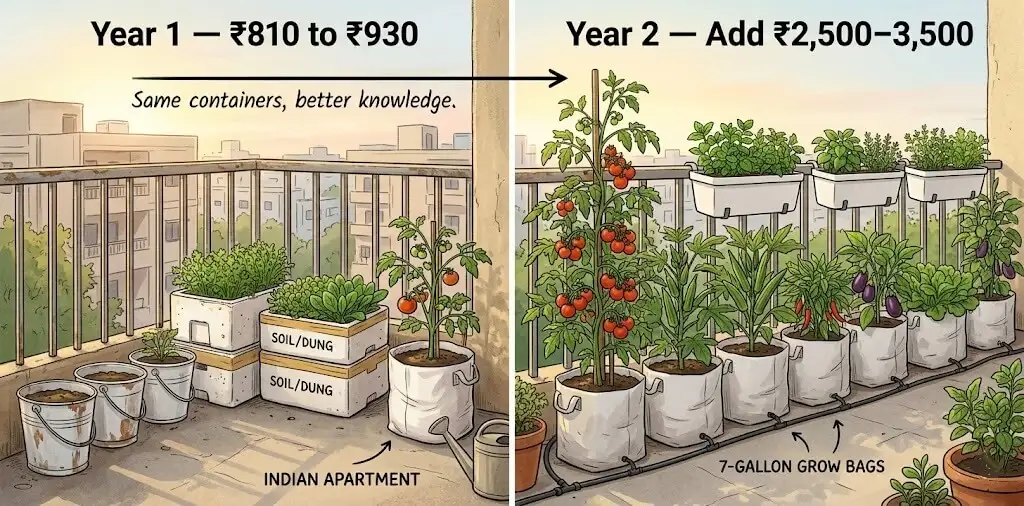 balcony vegetable garden India year 1 to year 2 upgrade path — styrofoam boxes to fabric bags railing planters drip system