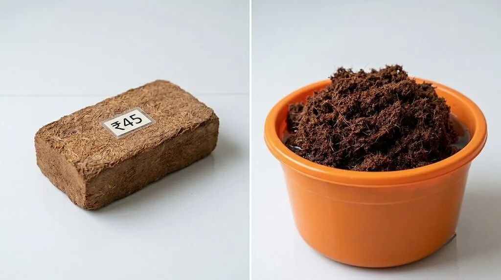 650g cocopeat brick soaking in bucket of water expanding from dry compressed block to 8-9 litres of loose cocopeat for Indian container gardening