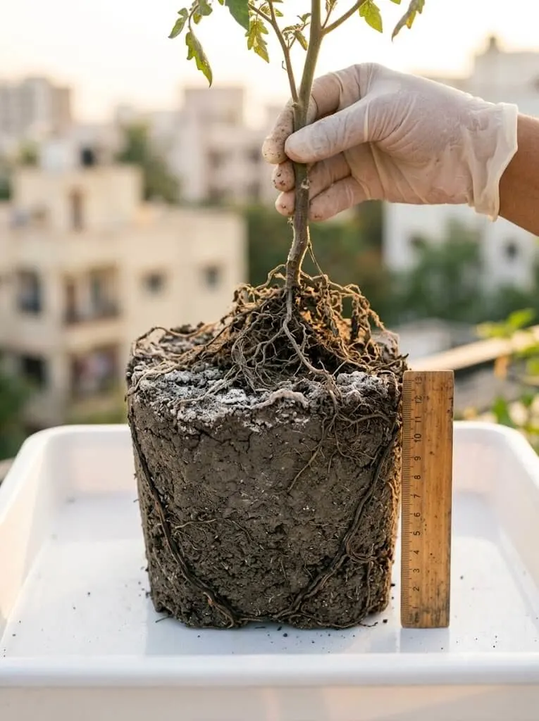 Shallow root system from 100% garden soil container only 8-11cm deep at harvest, severe compaction, drainage 38.4 seconds per 200ml