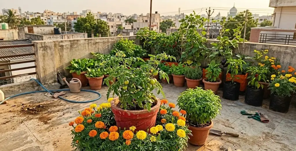 companion planting tool India tomato marigold basil planted together in containers on Madanapalle terrace