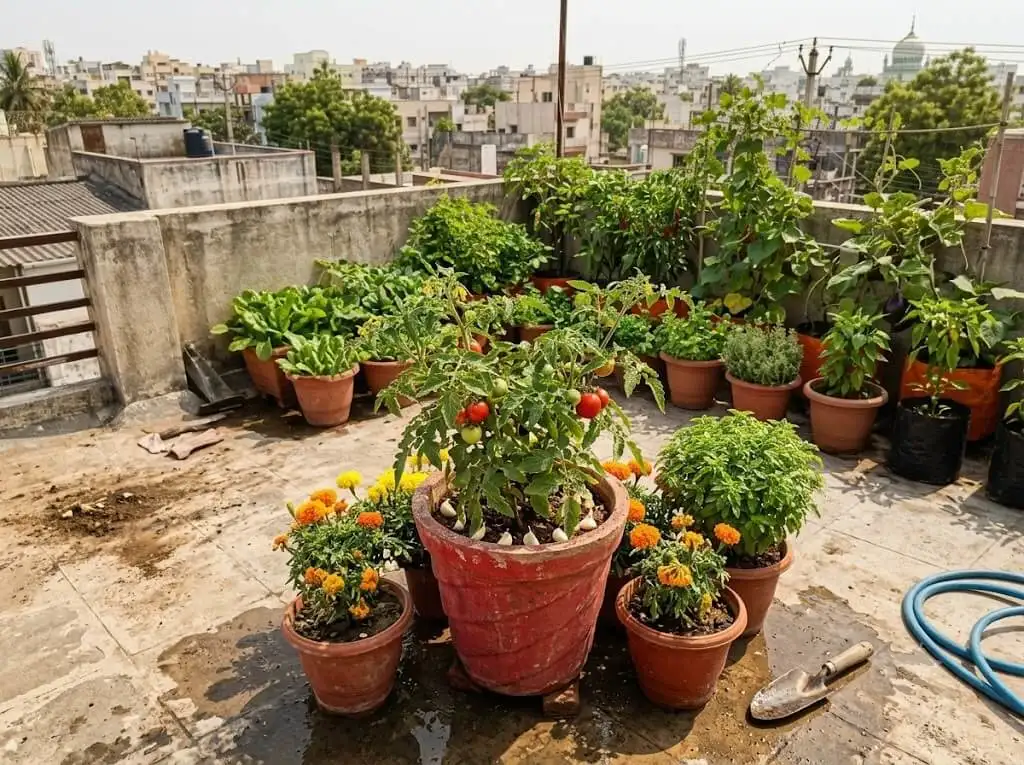 Delhi hot dry terrace garden companion planting garlic and marigold tomato containers summer heat