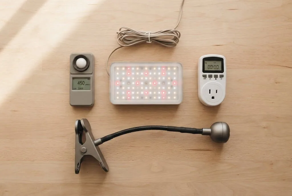 LED grow light products flatlay India Amazon Ugaoo balcony gardening