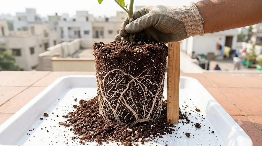 Healthy tomato root system from 40:30:20:10 cocopeat vermicompost mix 18-22cm deep roots at harvest, no compaction, Madanapalle terrace trial