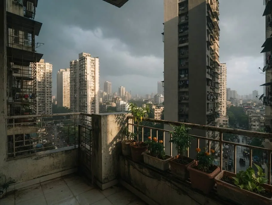 high rise apartment shadow reducing balcony sunlight Mumbai India container garden