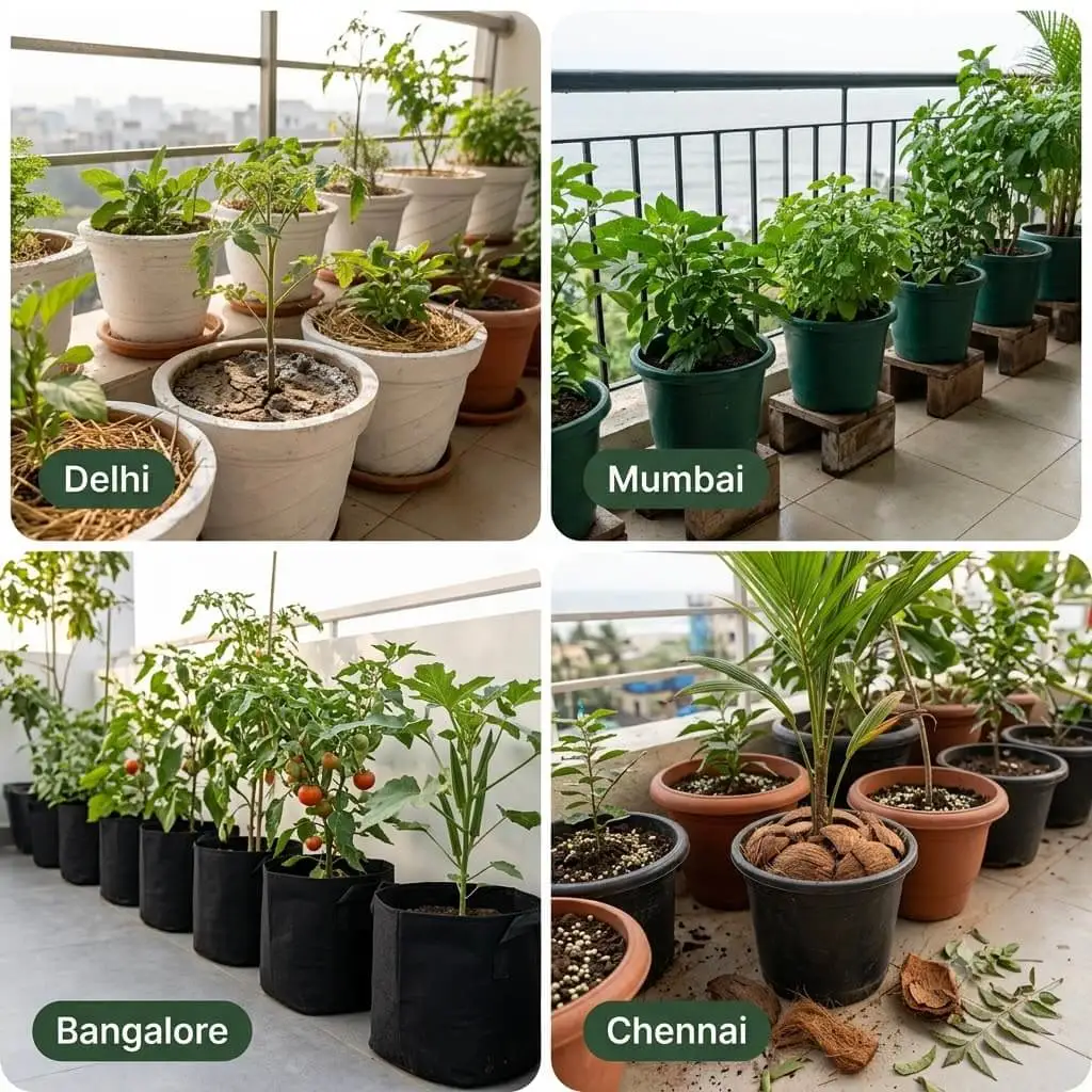Indian city balcony gardens comparison Delhi terrace with white pots and mulch, Mumbai balcony with elevated pots, Bangalore terrace with standard setup, Chennai balcony with neem cake amended mix