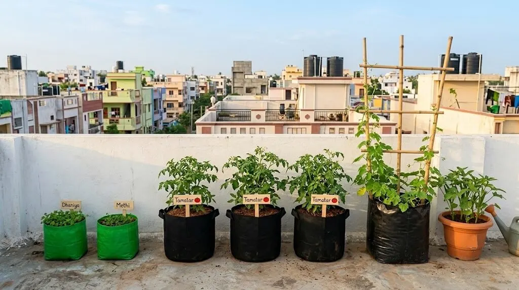 Indian terrace garden with grow bags and pots of different sizes 5L 10L 15L 24L containers for bhindi tomato capsicum curry leaf
