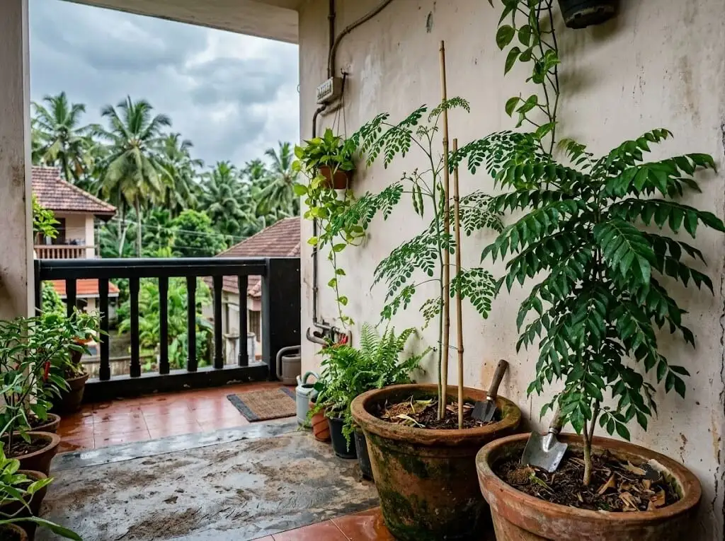 Kochi coastal balcony garden curry leaf and drumstick companion planting sheltered from sea breeze