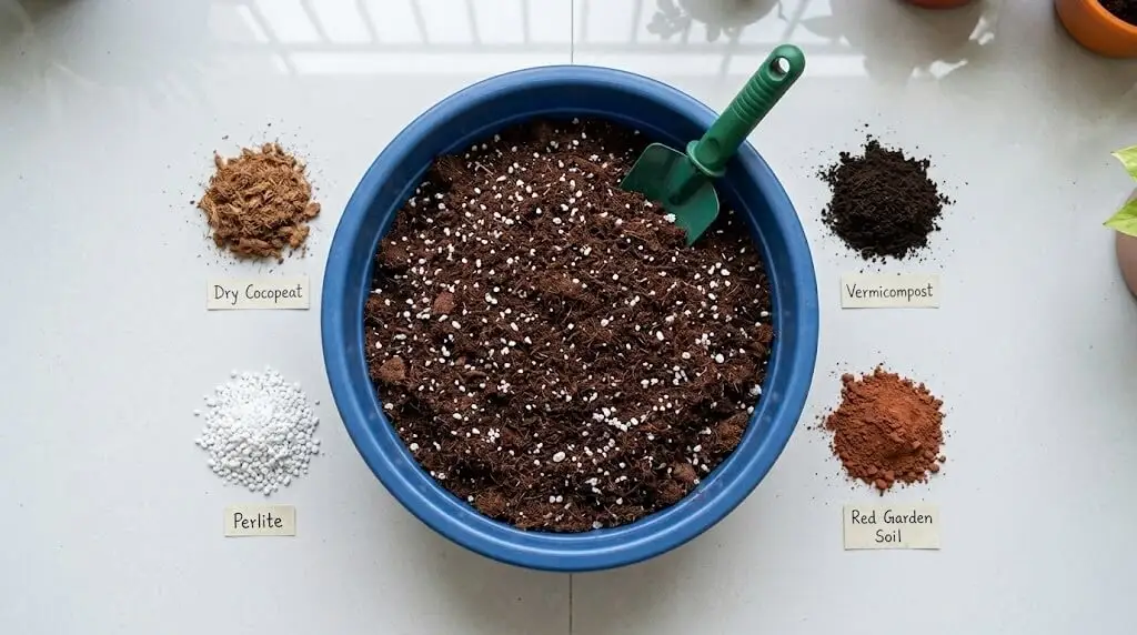 Standard Indian potting mix 40% cocopeat 30% vermicompost 20% garden soil 10% perlite mixed in a tub ready for filling grow bags
