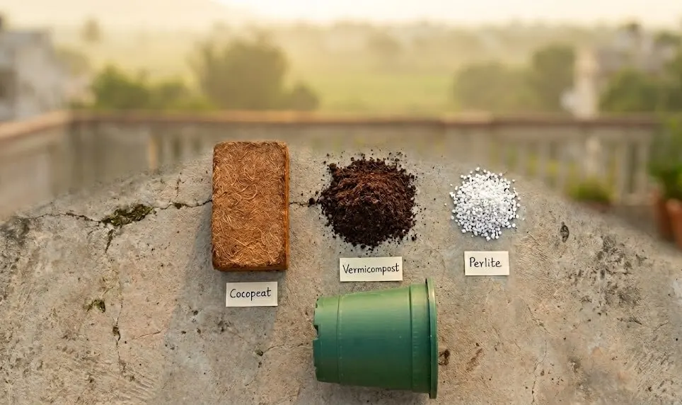 potting mix calculator India cocopeat brick, vermicompost and perlite laid out on Madanapalle terrace for container gardening