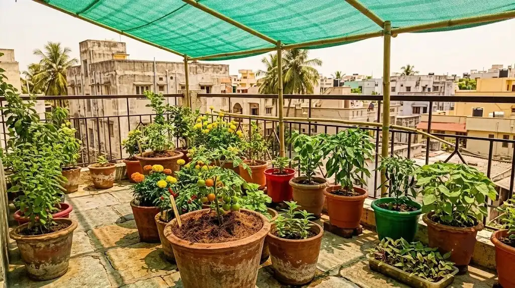 Summer balcony gardening India - heat protection for container plants