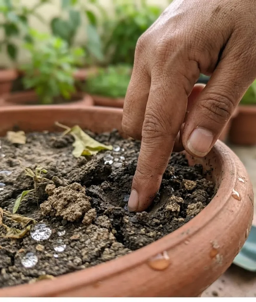soil moisture finger test dry potting mix container garden India