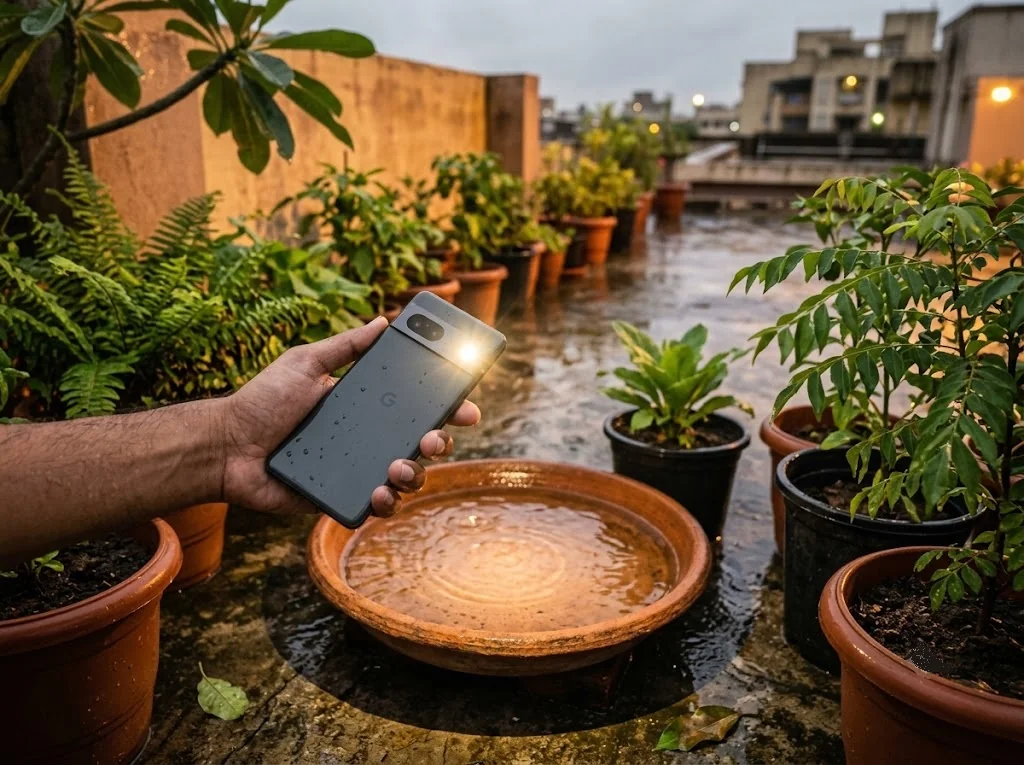 : mosquito larvae check flashlight test terrace garden saucer India