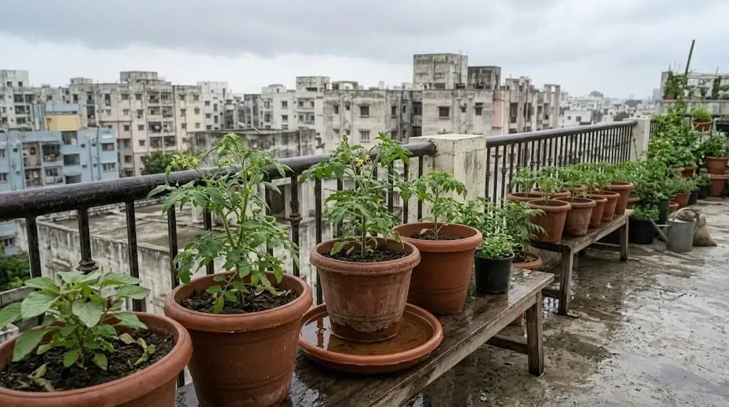 Monsoon Balcony Gardening India container garden with waterlogged pots