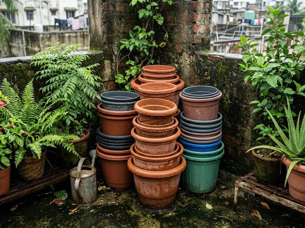 stacked spare pots mosquito breeding gap terrace garden India
