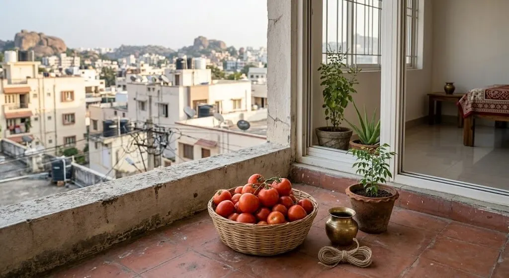 Bangalore winter tomato harvest terrace February sowing