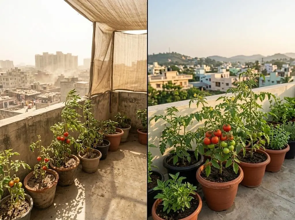 Delhi vs Madanapalle terrace conditions comparison for tomato growing