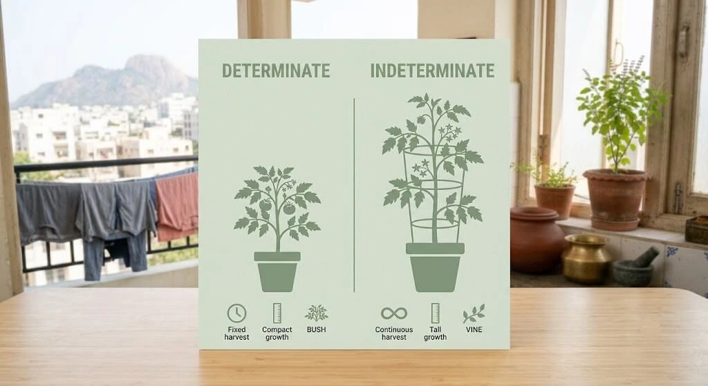 determinate vs indeterminate tomato container size chart