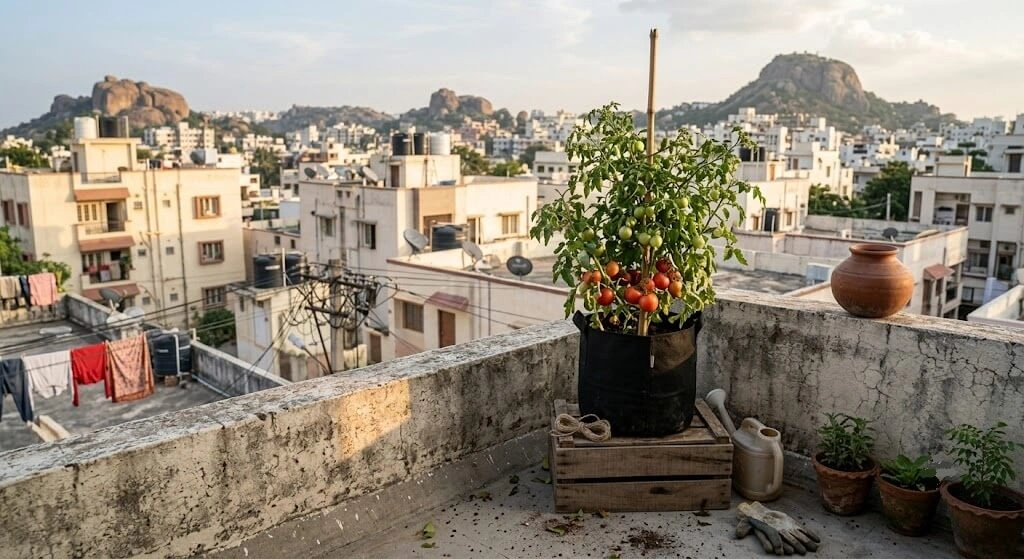 fabric grow bag tomato plant Bangalore balcony budget setup