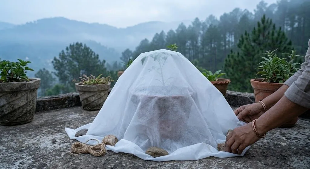 frost cloth covering tomato plant hill station India